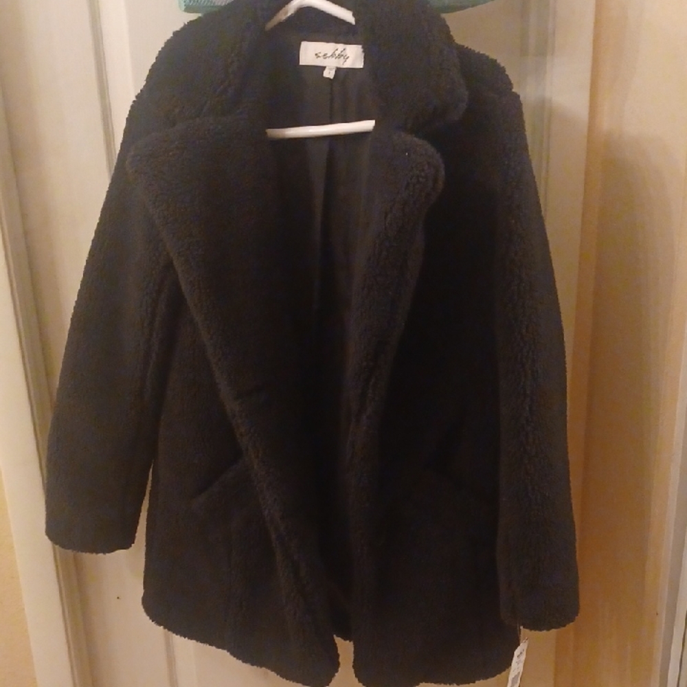 Sebby Black Plush Teddy Jacket with Lapel Collar